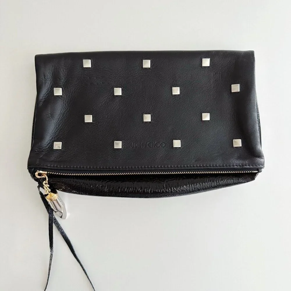 JIMMY CHOO Clutch Bag Black Leather Designer Studded Evening Handbag